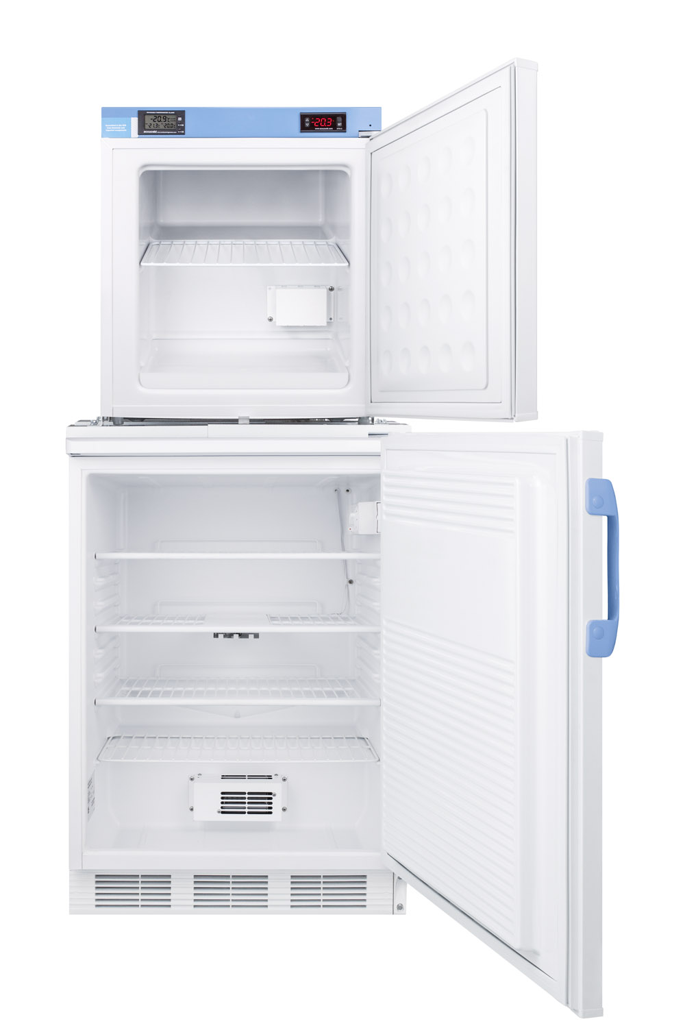 Stacked combination of FF7LWBIMED2 auto defrost all-refrigerator and FS24LMED2 compact manual defrost all-freezer, both with locks, digital controls, and NIST calibrated alarm/thermometers
